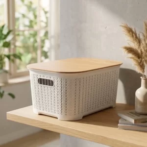 CAJA PLASTICA T/RATTAN 12L C/TAPA DE MADERA 36X25X17